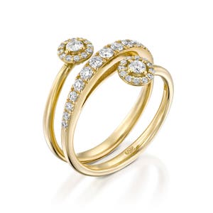 Unique Diamond rings for women, 18K yellow gold  Spiral Ring, 2 diamond ring, open ring, size 7  ring,  art deco vintage style unique ring