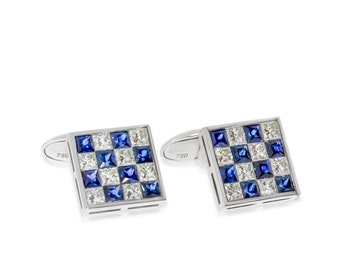 Classic Cufflinks Invisible Set with Slots of diamonds and blue Sapphir on 18k white gold, Square Cut. Elegant Diamonds Cufflinks.