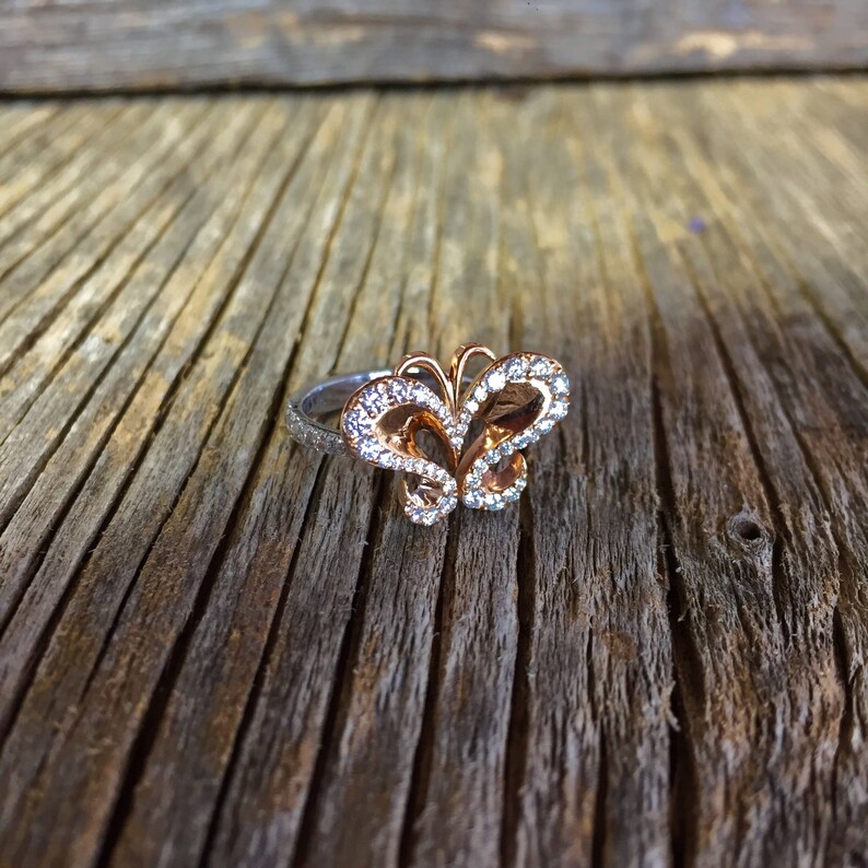 Einzigartiger Diamant Schmetterlingsring, Frauenversprechenring, 18k rosa weißer Ring, Statementring, Jahrestagsgeschenk, Art-Deco-Vintage-Stil .. Bild 5