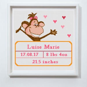 Girl Nursery cross stitch.Cute Monkey cross stitch pattern. Baby birth announcement cross stitch. Newborn baby girl gift, baby shower gift.