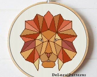 Geometrische leeuw kruissteek patroon Geometrische dieren kruissteek, katten kruissteek, Geometrische leeuw muur hangen, DIY leeuw cadeau, leeuw decor