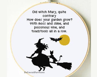 Halloween cross stitch pattern. Witch cross stitch pattern, witch on broom, witch and cat, DIY Halloween decor, Halloween wall decoration.