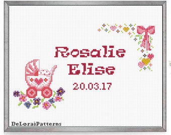 Birth announcement cross stitch pattern, baby girl cross stitch,  baby shower gift newborn baby, birth record cross stitch digital pattern