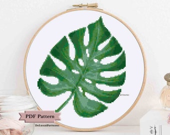 Monstera cross stitch pattern leaf cross stitch tropical cross stitch pattern PDF home decor wall hanging hoop art greenery nature trees
