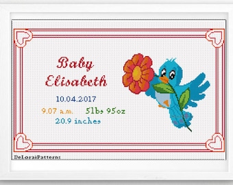 Baby birth record cross stitch pattern. Baby girl birth announcement cross stitch pattern. Nursery cross stitch pattern bird and flower