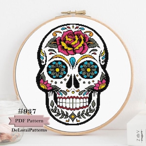 Schema punto croce teschio di zucchero. Schema punto croce teschio di zucchero, Dia de los muertos, schema punto croce teschio messicano, teschio di rose, Halloween.