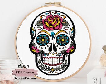 Patrón de punto de cruz de calavera de azúcar. Calavera de caramelo en punto de cruz, Día de los Muertos, patrón de punto de cruz de calavera mexicana, calavera de rosas, Halloween.