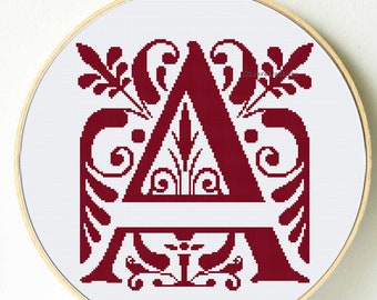 Romantic wedding Monogram cross stitch pattern. Letter A only. Vintage Engagement monogram cross stitch digital pattern for instant download