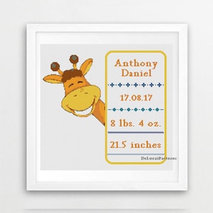 Baby announcement customizable cross stitch pattern. Baby birth cross stitch sampler. Cute giraffe cross stitch nursery, newborn baby shower