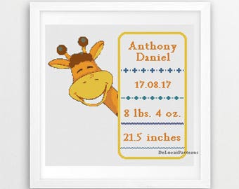 Baby announcement customizable cross stitch pattern. Baby birth cross stitch sampler. Cute giraffe cross stitch nursery, newborn baby shower