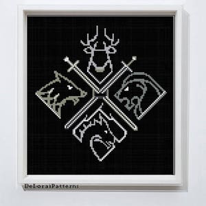 May include: Black and white cross-stitch pattern featuring the sigils of the four great houses of Westeros: Stark, Lannister, Baratheon, and Targaryen. The sigils are arranged in a diamond shape with swords crossing in the center.