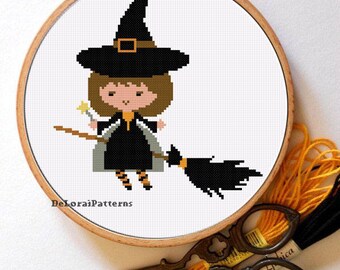 Cute witch cross stitch pattern. Halloween cross stitch,witch on broom, halloween wall decor counted cross stitch *Instant download pattern*