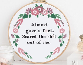 Rude and funny cross stitch pattern. Modern floral wreath cross stitch. Swearing cross stitch chart. Funny cross stitch wall decor. DIY gift