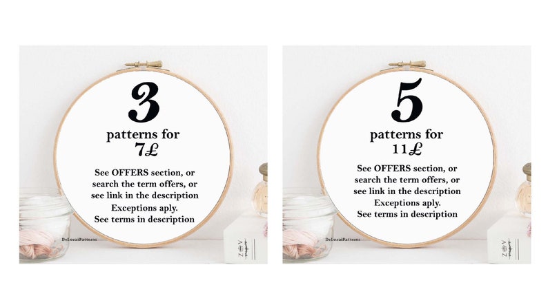 May include: Two embroidery hoops with text. One hoop says "3 patterns for 7&pound;" and the other says "5 patterns for 11&pound;". Both hoops have additional text below. The hoops are on a white surface with decorative items.