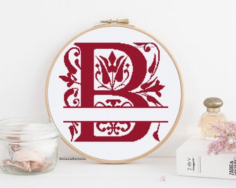 Romantic wedding Monogram cross stitch pattern Letter B custom name Vintage Engagement gift digital pattern for instant download initial