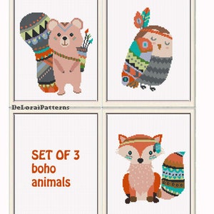 Boho animais ponto cruz amigos da floresta criaturas da floresta crianças animais tribais berçário ponto cruz coruja, urso, raposa animais em ponto cruz