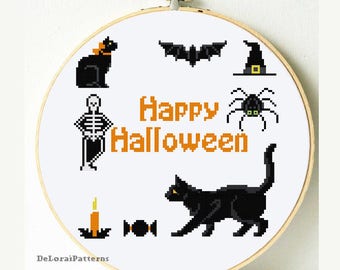 Happy Halloween cross stitch pattern. Black cat cross stitch, halloween pattern, DIY Halloween wall decoration, Halloween decoration.