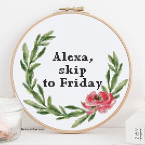 Funny cross stitch pattern Floral wreath cross stitch. Modern cross stitch. Funny xstitch. Floral needlework. Funny embroidery hoop art. image 1