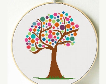Rainbow tree cross stitch pattern, Instant download PDF pattern, baubles tree wall room decor, tree embroidery hoop art, modern cross stitch