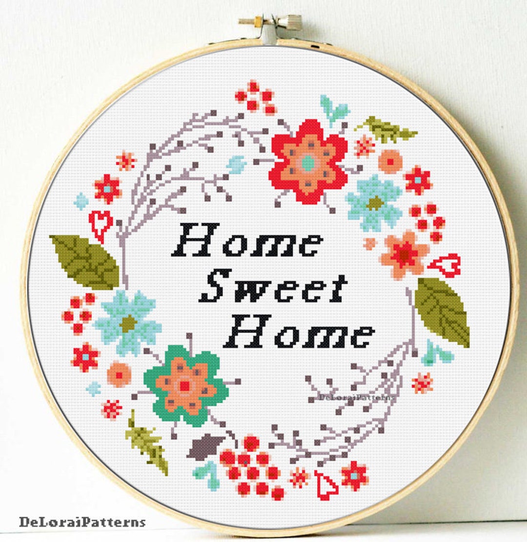 Home Sweet Home Cross Stitch Pattern. Floral Wreath Cross - Etsy