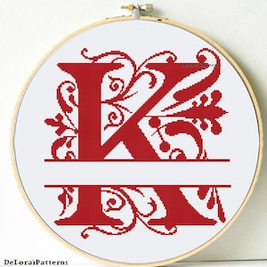 Wedding monogram cross stitch pattern. K letter cross stitch. Perosnalized wedding cross stitch. Elegant monogram cross stitch chart.