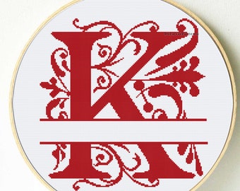 Wedding monogram cross stitch pattern. K letter cross stitch. Perosnalized wedding cross stitch. Elegant monogram cross stitch chart.