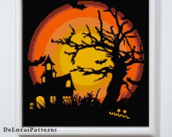 Patrón de punto de cruz de la casa aterradora. Punto de cruz de halloween, casa de halloween a la luz de la luna, casa embrujada, casa desierta, decoración DIY de halloween