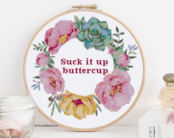 Sarcastic cross stitch pattern. Sassy, rude cross stitch. Floral wreath cross stitch. Funny cross stitch wall decor. Cross stitch flowers.