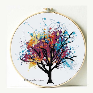 Regenbogen Baum Kreuzstichmuster. Aquarell Baum, Kreuzstich Baum, Deko Baum, Baum Wand, bunter Baum, Natur Kreuzstich.