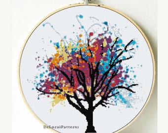 Rainbow tree cross stitch pattern. Watercolor tree, cross stitch tree, decorative tree, tree wall, colorful tree, nature cross stitch.