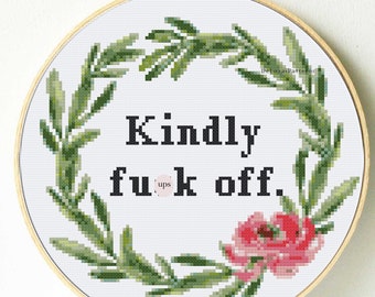 Por favor, vá se foder, palavrões, padrão engraçado de ponto cruz. Guirlanda floral em ponto cruz. Gráfico rude de ponto cruz. Padrão atrevido de ponto cruz.