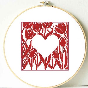 Mother&#39;s Day cross stitch pattern. Heart cross stitch. Tulips cross stitch flowers. Flower Gift for Mom, Sister birthday. Heart Wedding gift