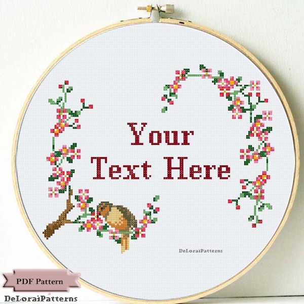 Custom cross stitch pattern personalisable text personalised message easy diy funny cross stitch pattern spring flower bird on a branch