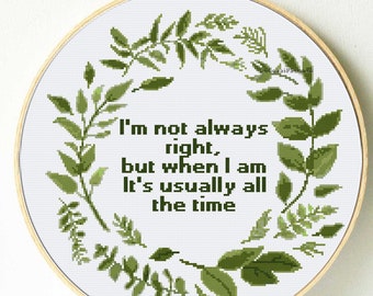 Sarcastic cross stitch pattern. Funny cross stitch wall decor. Sassy cross stitch pdf pattern. Funny diy gift. Leaves wreath cross stitch.
