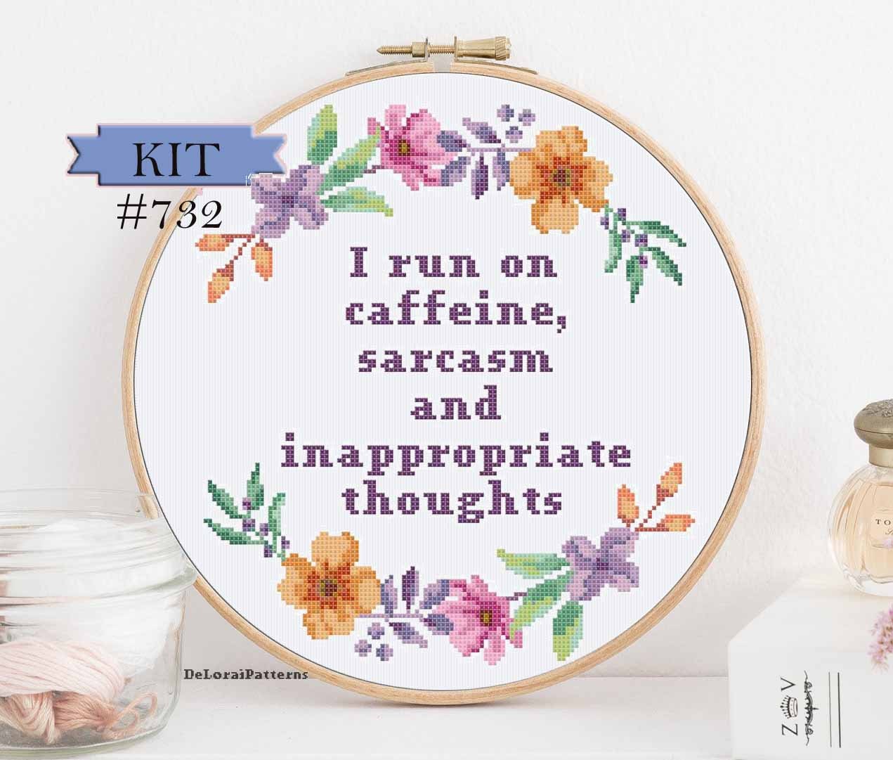 Funny Embroidery Kit: Runs on Caffeine and Sarcasm 