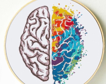 Anatomy cross stitch pattern. Rainbow brain. Artistic brain cross stitch wall decor. Human anatomy, science cross stitch. Craft gift.