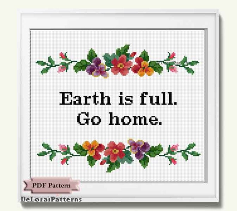 May include: Framed cross-stitch art with the text "Earth is full. Go home." The artwork features floral borders in red, orange, purple, and pink. The frame is white, and the background is a grid pattern.