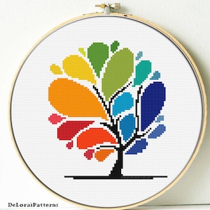 Rainbow tree cross stitch pattern, Pdf Instant download, modern cross stitch hoop art, rainbow tree wall decor, easy counted cross stitch