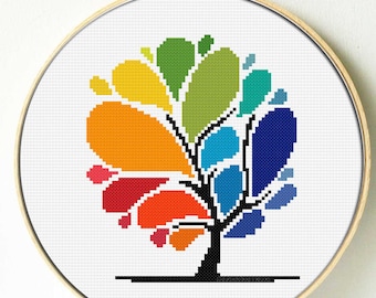 Rainbow tree cross stitch pattern, Pdf Instant download, modern cross stitch hoop art, rainbow tree wall decor, easy counted cross stitch