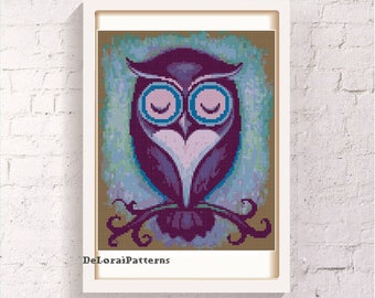 Painted owl cross stitch owl, nursery cross stitch, sleeping owl drawing, baby kids cross stitch pattern, kids room animals cross stitch