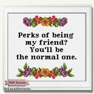 May include: A framed cross-stitch pattern with the text "Perks of being my friend? You'll be the normal one." Floral accents in red, yellow, and purple decorate the top and bottom. The pattern is from DeLoraiPatterns.