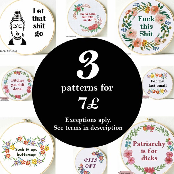 OFFRE 3 DeLorai cross stitch patterns bundle prix réduit Cross stitch bundle Drôle de point de croix moderne broderie broderie murale art