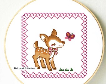 Deer cross stitch pattern. Baby nursery cross stitch, woodland animals cross stitch pattern, cute new baby gift, baby shower cross stitch.