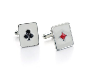 Playing Card Cufflinks, Flowers And Diamonds, In Sterling Silver And Enamel
