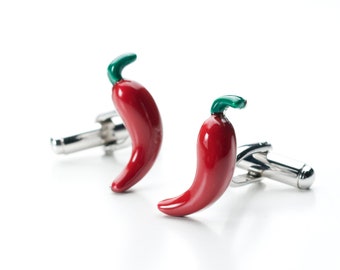 Red chili pepper cufflinks, in silver and enamel, Hot pepper cufflinks for men, Lucky chili cufflinks, italian design