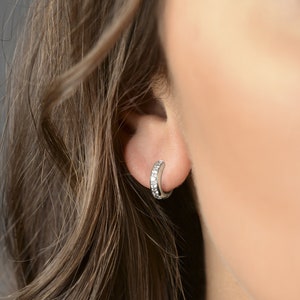 Single earring, mini diamond creole, bridal earring, 18k white gold and diamonds. Valentine's gift.
