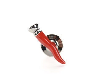 Red Lucky Horn Pin In Sterling Silver & Enamel, pin for jacket or bag, Pin in silver and enamel, Italian jewelry for men, Cool pins for men