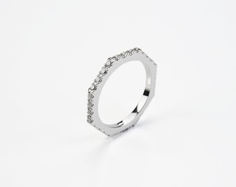 Octagon Shaped Diamond Band, White Gold 18k, Wedding Ring, Handmade in Italy