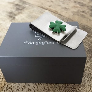 Moneyclip en acier, trèfle à quatre feuilles en argent et émail, argent vert de trèfle à quatre feuilles pour les hommes, porte-bonheur!
