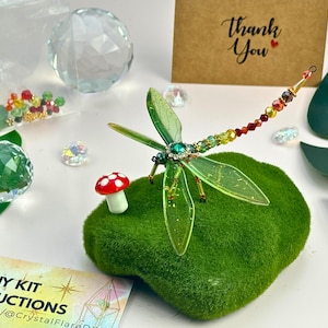 May include: A decorative dragonfly figurine with green wings and a beaded body rests on a green mossy base. A small red and white mushroom, crystals, and a card with "Thank You" are also present. A DIY kit is also visible.